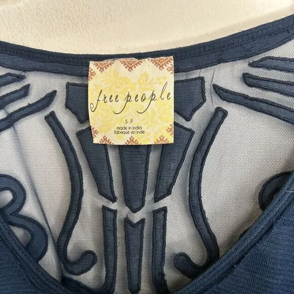 Free People Top blue pullover burnout shirt size Small navy blue semi sheer - Picture 2 of 7